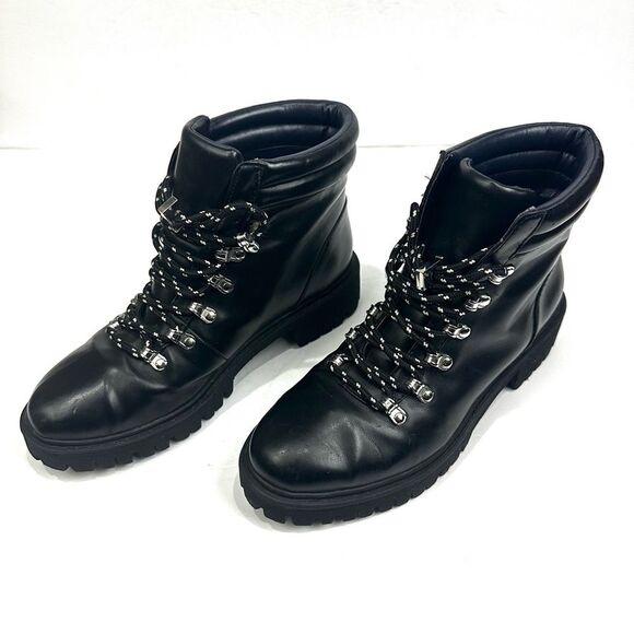 Zara Trafaluc Black Faux Leather Lace Up Boots Sz 36/5.5 Combat Ankle Booties - Picture 6 of 16